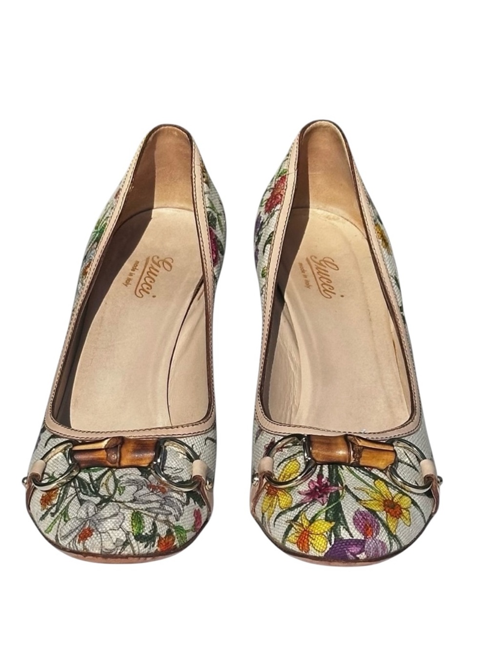 Gucci Flora Bamboo Runway Pumps Heels Canvas Leather Vintage US 9 1/2 B Medium